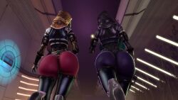 2girls 3d alien alien_girl animated ass ass_focus big_breasts big_butt breasts from_behind helmet mass_effect no_sound quarian rodler-h8 skin_tight video walk_cycle walking