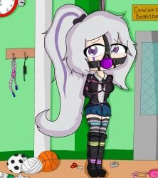 1girls ball_gag bondage damsel_in_distress fnafhs fnafhs_bondage fnafhs_z3ro fnafhsrule34 gagged gagged_female mai_(fnafhs) rope rope_bondage sansannsfw sansanvt school_girl school_uniform schoolgirl suspension_bondage tied_up