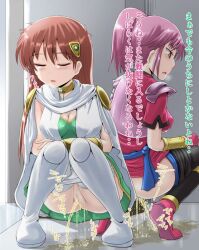 2girls blush brown_hair censored closed_eyes clothing dragon_quest dragon_quest_dai_no_daibouken homare_(suzu_no_oka) light_blush maam medium_breasts panties panties_around_leg pee_on_floor peeing peeing_on_floor peeing_together pink_hair princess_leona pussy translation_request urinating urination urine urine_on_floor urine_pool urine_stream