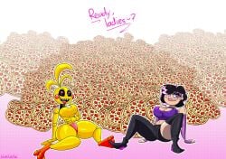 2girls animatronic blahblah866 chicken female five_nights_at_freddy's five_nights_at_freddy's_2 lumina_(spicyjessabi) multiple_girls mushroom pepperoni pizza robot spicyjessabi toy_chica_(fnaf) yellow_skin