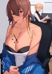 2girls arms_at_sides bare_shoulders black_bra blue_jacket bored bra breasts brown_eyes brown_hair calendar_(object) chair cleavage closed_mouth clothes_pull collarbone colored_tips food franham hair_over_breasts highres jacket jacket_partially_removed large_breasts looking_at_viewer multicolored_hair multiple_girls office office_chair office_lady open_clothes open_jacket original pocky pocky_in_mouth shirt shirt_pull underwear undressing white_shirt