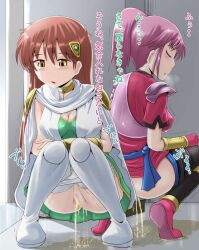 2girls blush brown_hair censored clothing dragon_quest dragon_quest_dai_no_daibouken homare_(suzu_no_oka) maam medium_breasts panties panties_around_leg pee_on_floor peeing peeing_on_floor peeing_together pink_hair princess_leona pussy translation_request urinating urination urine urine_on_floor urine_pool urine_stream