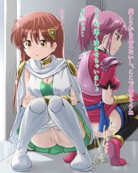 2girls brown_hair censored clothing dragon_quest dragon_quest_dai_no_daibouken homare_(suzu_no_oka) maam medium_breasts panties panties_around_leg pee_on_floor peeing peeing_on_floor peeing_together pink_hair princess_leona pussy translation_request urinating urination urine urine_on_floor urine_pool urine_stream