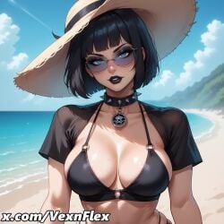 ai_generated artist_name bangs beach bikini black_bikini black_hair black_lips blue_eyes bob_cut breasts collar collarbone day female glasses hat hi_res high_resolution large_breasts lips looking_at_viewer makeup mole mole_on_breast outdoors short_hair short_sleeves solo spiked_collar spikes sun_hat sunglasses swimsuit upper_body vexnflex watermark
