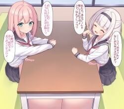2girls big_breasts breast-to-breast breast_press breasts breasts breasts_bigger_than_body breasts_bigger_than_head breasts_bigger_than_torso gigantic_breasts grey_hair grey_hair_female hiding_breasts huge_breasts hyper_breasts japanese_text male_pov original original_character original_characters pink_hair pink_hair_female public public_exposure public_indecency restaurant school_uniform schoolgirl tagu_hblabe text