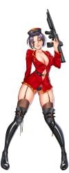 ass_visible_through_thighs belt black_footwear black_hair black_panties black_thighhighs boots breasts cg cleavage collarbone female full_body garrison_cap garter_straps gun hat hentai_heroes holding holding_gun holding_weapon jacket kinkoid knee_boots large_breasts lips lipstick long_sleeves looking_at_viewer makeup navel nobu_(hentai_heroes) official_art panties parody parted_lips red_jacket short_hair simple_background smile solo standing submachine_gun thigh_boots thighhighs thighs transparent_background underwear weapon white_background yellow_eyes