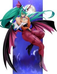 andoryu_anzuru animal_print bangs bare_shoulders bat_print bat_wings boots breasts bridal_gauntlets chest_jewel cleavage clothing cosplay covered_navel darkstalkers female footwear green_eyes green_hair head_wings high_heels large_breasts legwear leotard long_hair low_wings milf moon morrigan_aensland morrigan_aensland_(cosplay) night nintendo pantyhose pneuma_(xenoblade) ponytail print_legwear purple_pantyhose purple_wings shoes silf skin_tight smile solo swept_bangs thighs tiara very_long_hair wings xenoblade_chronicles_2