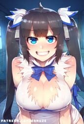 ai_generated all_fours big_ass big_breasts big_butt big_thighs black_hair blue_eyes blush danmachi dungeon_ni_deai_wo_motomeru_no_wa_machigatteiru_darou_ka hestia_(danmachi) huge_ass huge_breasts huge_butt huge_thighs wanuze wide_hips