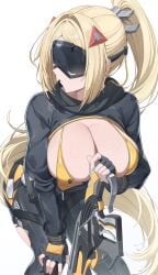 1girls big_breasts blonde_hair bra breasts busty cleavage clothing female female_only gun huge_breasts large_breasts pang_yo rifle sniper soldier solo thick_thighs tied_hair trigger_(zenless_zone_zero) visor weapon white_background wide_hips zenless_zone_zero