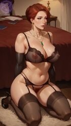 ai_generated bra curvy curvy_figure diana_burnwood embarrassed hair_bun hairbun high_heels hitman kneeling lace large_breasts lingerie makeup mature_female milf necklace on_knees orange_hair panties raiven skindentation sleeves stockings thick_thighs wide_hips worried