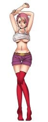 abraël_(hentai_heroes) armpits arms_up belt blue_eyes blush breasts cg cleavage crop_top female full_body hentai_heroes jewelry kinkoid large_breasts legs looking_at_viewer midriff navel official_art parody pink_hair purple_shorts short_hair short_shorts shorts simple_background smile solo standing tank_top thigh_gap thighhighs underboob underwear