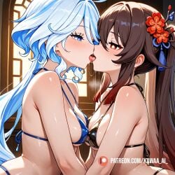 ai_generated french_kiss french_kissing furina_(genshin_impact) genshin_impact hu_tao_(genshin_impact) kawaa_ai saliva saliva_trail yuri