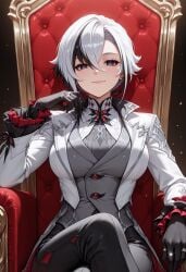 2025 ai_generated arlecchino_(genshin_impact) bangs black_eyes black_gloves black_hair black_pants breasts chair closed_mouth crossed_legs earrings female female female_focus frills genshin_impact gloves hair_between_eyes hoyoverse jacket jewelry large_breasts long_sleeves looking_at_viewer mihoyo multicolored_hair nsfw pants red_pupils ring rognezart short_hair sitting smile solo streaked_hair symbol-shaped_pupils two-tone_hair white_hair white_jacket x-shaped_pupils