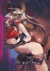 1boy absurdres against_wall black_gloves black_horns black_shorts censored character_request clothes_pull commentary_request duel_monster female flat_chest gas_mask gloves grey_hair highres horns long_hair mask mosaic_censoring navel penis ro_g_(oowack) shorts shorts_pull solo_focus straight yu-gi-oh!