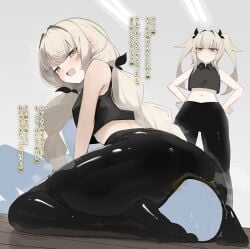 1boy 2girls ass black_hair_ribbon black_pants blush faceless_male facesitting femdom latex_clothing latex_pants mischievous_smile oerba_yun_fang silver_hair slight_blush stink_fumes text thick_thighs topwear trembling tsuchiro twins twintails