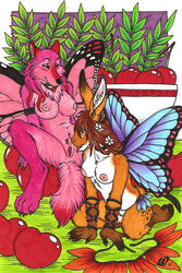 2010 anthro breasts butterfly canine cunnilingus female fur furry hybrid lagomorph luthiennightwolf oral oral_sex pink pussy rabbit sex spread_legs spreading wings wolf yuri