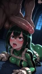 ai_generated ass asui_tsuyu black_eyes boku_no_hero_academia breast_press collarbone drooling erection female frog_girl green_bodysuit green_hair huge_cock large_penis long_tongue looking_up lying male medium_breasts mikadnsfwia on_stomach penis_awe penis_on_head precum rom_side saliva saliva_trail solo_focus superhero_costume teeth testicles upper_teeth_only veins veiny_penis white_gloves