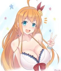 big_breasts blue_eyes breasts cleavage clothed long_hair open_eyes open_mouth orange_hair peace_sign pecorine pecorine_(princess_connect!) princess_connect! smiling tagu_hblabe textless