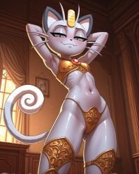 ai_generated armored damnblackfox featureless_chest female looking_at_viewer looking_down meowth pokemon pokemon_(species) solo stable_diffusion unconvincing_armor