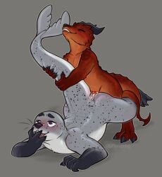 ambiguous_gender anal anal_sex anthro blush bodily_fluids claws cum cum_in_ass cum_inside digital_media_(artwork) duo from_behind_position genital_fluids genitals heart_pupils horn kobold male male/ambiguous mammal marine nonbinary_(lore) north_(nebulousraven) nude open_mouth penetration penis pinniped prone_bone_position scalie seal sex smile smutphibian tail tail_grab tail_wrapped tail_wrapped_around teeth whiskers