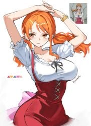 1girls :| absurdres alternate_costume alternate_hairstyle anime_screenshot_inset arms_up artist_name big_breasts bracelet breasts closed_mouth dirndl dress female german_clothes highres jewelry kasumi6 large_breasts log_pose long_hair nami_(one_piece) one_piece orange_eyes orange_hair own_hands_together partial_commentary puffy_short_sleeves puffy_sleeves red_dress reference_inset ribbon-trimmed_shirt ribbon_trim shirt short_sleeves simple_background sleeveless sleeveless_dress twintails white_background white_shirt