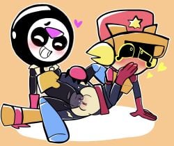 1boy 1cuntboy 1other chibi cuntboy lawrie_(brawl_stars) meeple_(brawl_stars) nonbinary scissoring they_love_each_other tribadism