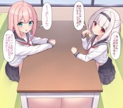 2girls big_breasts breast-to-breast breast_press breasts breasts breasts_bigger_than_body breasts_bigger_than_head breasts_bigger_than_torso gigantic_breasts grey_hair grey_hair_female hiding_breasts huge_breasts hyper_breasts japanese_text male_pov original original_character original_characters pink_hair pink_hair_female public public_exposure public_indecency restaurant school_uniform schoolgirl tagu_hblabe text