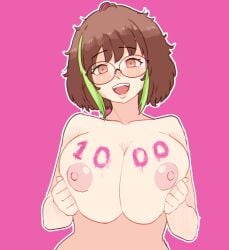 1girls big_breasts body_writing breasts female milestone_celebration nina_(bobcheez) nude squishing_breasts tagme