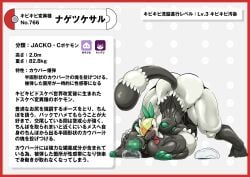 absurd_res anthro ass ass_up autotitfuck black_body black_breasts black_skin bodily_fluids border breast_play breasts censored fangs fur generation_7_pokemon genital_fluids genitals green_nipples gynomorph haplorhine hi_res intersex japanese_text mammal masturbation monkey mosaic_censorship nikunigushii nintendo nipples passimian penile penile_masturbation penis pokemon pokemon_(species) primate red_border simple_background solo teeth text tongue tongue_out translation_request vein veiny_penis white_background white_body white_fur
