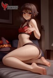 1girls 2d ai_generated ass back bare_shoulders barefoot big_ass bra brown_hair collar erophoenix female female_focus full_body kono_subarashii_sekai_ni_shukufuku_wo long_hair looking_at_viewer megumin pale_skin pale_skinned_female panties patreon_username red_eyes short_hair sitting small_breasts smile soles solo thick thick_thighs uncensored underwear