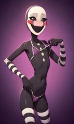 :d ai_generated animatronic animatronic_female bald bikini black_body blush_stickers buttons classic_fnaf_2_marionette classic_fnaf_2_puppet female female five_nights_at_freddy's five_nights_at_freddy's_2 flat_chest lanky lifting_bikini_top looking_at_viewer marionette_(fnaf) mask masked masked_female no_hair pixai puppet_(fnaf) purple_background purple_bikini simple_background skinny skinny_girl slim slim_waist solo striped_arms striped_legs white_pupils