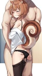 1boy absurdres anal_fingering animal_ears averting_eyes ayunda_risu ayunda_risu_(3rd_costume) black_bra black_panties black_pantyhose blush bra brown_hair catkgf clenched_hand clenched_teeth closed_eyes clothed_female_nude_male clothes_pull cowboy_shot crying female fingering from_side green_eyes grey_background hair_ornament height_difference highres hololive hololive_indonesia leaf_hair_ornament low_twintails multicolored_hair nude off-shoulder_shirt off_shoulder open_clothes open_shirt panties pantyhose pantyhose_pull pussy_juice shirt simple_background squirrel_ears squirrel_girl squirrel_tail standing streaked_hair tail teeth twintails underwear virtual_youtuber white_background white_shirt yellow_background