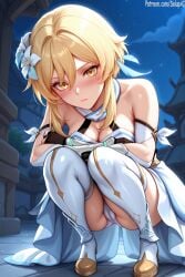 1girls ai_generated blonde_hair blush cameltoe dress female female_only from_below genshin_impact hair_flower hair_ornament long_hair looking_at_viewer lumine_(genshin_impact) medium_breasts panties panty_peek patreon salupai solo solo_female squatting tight_clothing tight_pants uncensored watermark white_dress white_panties yellow_eyes