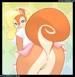 anthro anus ass blue_eyes breasts clubstripes cute female hairpin head_ban looking_back miu pussy rodent shirt sideboob skirt squirrel