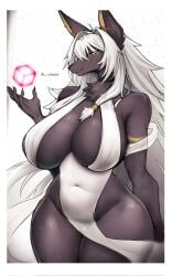 anthro barely_visible_vulva big_breasts biped breasts canid canine clothed clothing dress female fingers hair hi_res homura_kyuu mammal pupils simple_background smile solo thick_thighs three-quarter_view wide_hips