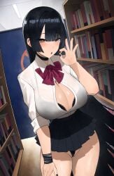 1girls big_breasts big_breasts black_bra black_hair black_hair_female black_underwear blush blush bra breasts breasts clothed clothed_female female female_focus female_only hzkikazue library light-skinned_female light_skin mini_skirt opened_shirt revealing_clothes thick_thighs thighs underwear