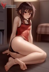 1girls 2d ai_generated ass back bare_shoulders barefoot big_ass bra brown_hair collar erophoenix female female_focus full_body kono_subarashii_sekai_ni_shukufuku_wo long_hair looking_at_viewer megumin pale_skin pale_skinned_female panties patreon_username red_eyes short_hair sitting small_breasts smile soles solo thick thick_thighs uncensored underwear