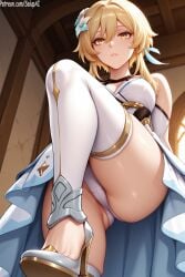1girls ai_generated ass blonde_hair dress female female_only from_below genshin_impact hair_flower hair_ornament long_hair lumine_(genshin_impact) medium_breasts panties patreon salupai solo solo_female thick_thighs thighhighs thighs uncensored watermark white_dress white_panties yellow_eyes