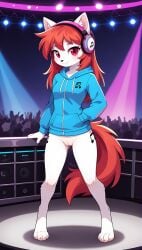 1girls 2025 ai_generated anthro bottomless bottomless_female club crowd digitigrade feline female female_only furry headphones hi_res hoodie inner_ear_fluff innie_pussy long_hair outdoors pussy red_eyes red_hair smile tattoos white_fur