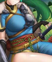 1girls armor breasts dutch_angle earrings elbow_gloves female field fire_emblem fire_emblem:_the_blazing_blade fire_emblem_heroes gloves grass green_hair head_out_of_frame head_tilt ippers jewelry large_breasts long_hair lyn_(fire_emblem) lyn_(lady_of_the_wind)_(fire_emblem) nintendo ponytail shoulder_armor side_slit smile solo sword thighs tree very_long_hair weapon