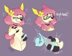 anthro breast_squish breasts choker choker_only condom deerling eyewear fangs filled_condom flower generation_5_pokemon glasses gynomorph hair heart_symbol hi_res intersex jewelry lemonmenace masturbation necklace necklace_only nintendo noelle_evilyn_(character) nude one_eye_closed onomatopoeia pink_hair plant pokemon pokemon_(species) sexual_barrier_device solo sound_effects spring_deerling squish tagme teeth text tongue tongue_out trans_(lore) trans_woman_(lore) yellow_flower