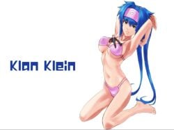 armpits bandana barefoot bikini blue_hair breasts character_name female green_eyes headband klan_klein long_hair navel solo striped striped_bikini swimsuit underboob