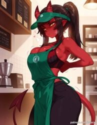 ai_generated balecxi barista black_hair black_pants bra cleavage colored_skin demon_girl demon_horns demon_tail female freckles green_apron indoors large_breasts long_hair looking_down meru_(merunyaa) meruccubus_(merunyaa) pointy_ears ponytail red_skin skindentation solo underwear visor_cap yellow_eyes