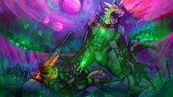 16:9 acidic anthro armor blood bodily_fluids clothed clothing death duo explosion facial_spots fangs felid fur futuristic gore hi_res laser lying male mammal melee_weapon on_back open_mouth outside planet red_eyes scales scalie spotted_face sword tan_body tan_scales teeth weapon widescreen yellow_body yellow_fur