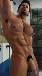armpit_hair beefy capcom chris_redfield dark_brown_hair himbo indoor_nudity indoors light-skinned_male light_skin male male_focus male_only masculine masculine_man muscular muscular_male naked naked_male nude nude_male pipedude pubic_hair resident_evil solo solo_focus solo_male