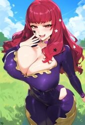 1girls ai_generated big_ass big_breasts bodysuit fire_emblem fire_emblem_engage laughing light-skinned_female light_skin looking_at_viewer red_eyes red_hair smile smiling smiling_at_viewer star teasing tharkica thick_thighs wide_hips yunaka_(fire_emblem)