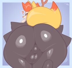 2025 anthro ass balls biped black_body black_fur braixen digital_media_(artwork) frumples fur generation_6_pokemon genitals hi_res looking_back male multicolored_body multicolored_fur multicolored_tail nintendo nude orange_body orange_eyes orange_fur outline pokemon pokemon_(species) pupils question_mark simple_background solo standing tail yellow_tail
