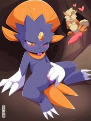 2023 absurd_res amber_(unearthedchuain) artist_name digital_media_(artwork) duo female generation_4_pokemon generation_5_pokemon hi_res masturbation nikkibunn nintendo pokemon pokemon_(species) shaded text weavile