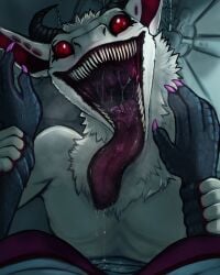 4:5 acidic anthro anthro_pov black_horn blood bodily_fluids bra claws clothing drooling duo female female_pov finger_claws first_person_view fur glistening glistening_eyes gore grey_body grey_scales hi_res horn imminent_vore looking_at_viewer mouth_shot open_mouth purple_bra purple_claws purple_clothing purple_underwear red_eyes red_tongue saliva saliva_string scales scalie sharp_teeth solo_focus synx teeth tongue tongue_out underwear white_body white_fur white_scales wounded