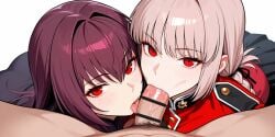 2girls ai_generated double_fellatio fate/grand_order fate_(series) fellatio florence_nightingale_(fate) oncetwice oral oral_sex scathach_(fate)